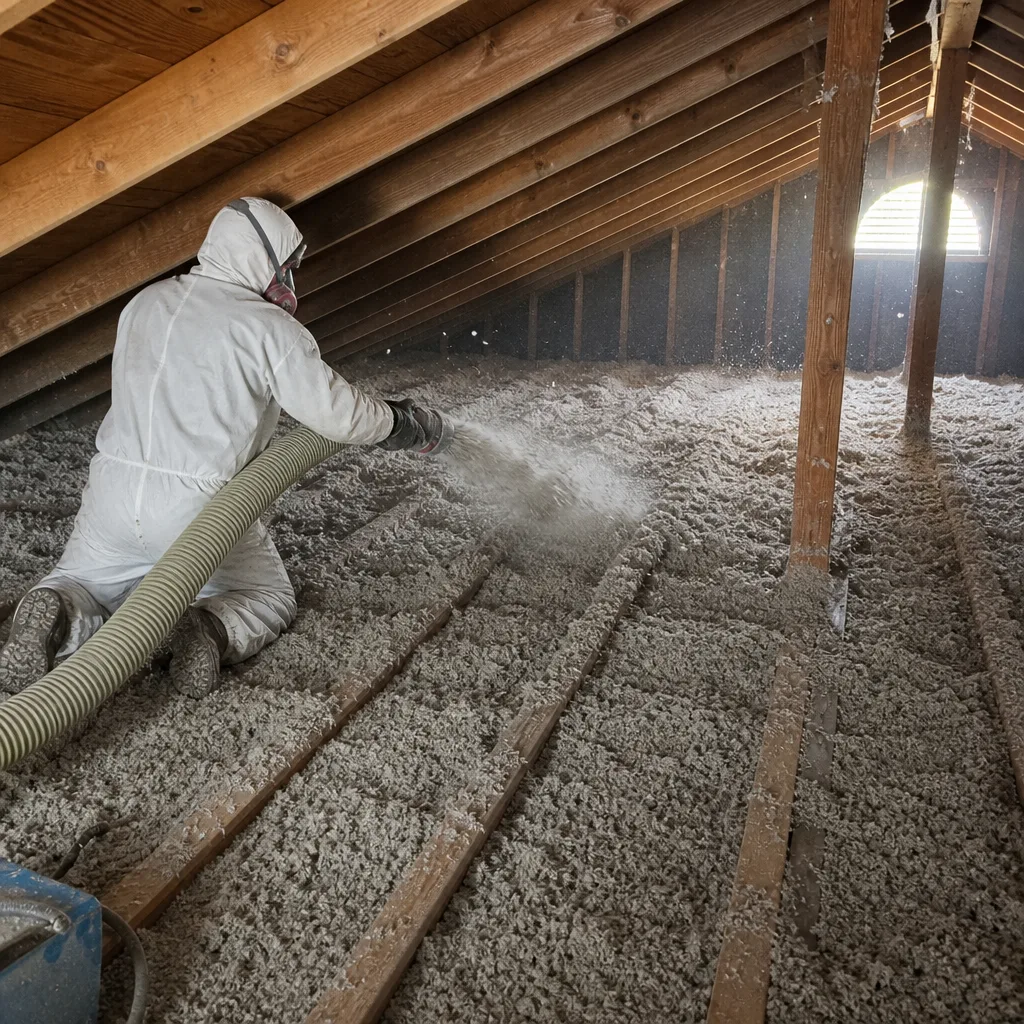 Professional contractor blowing loose-fill insulation into an attic space.