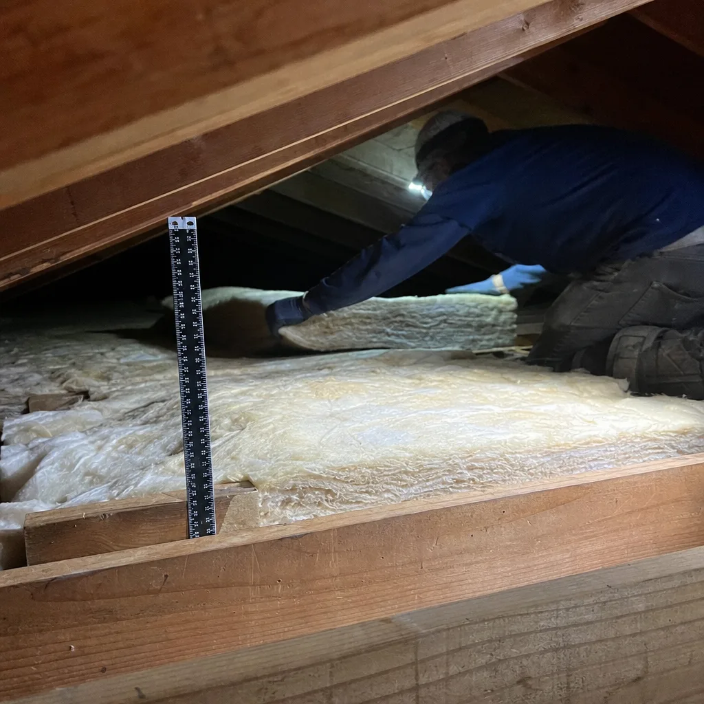 Technician installing fiberglass batt insulation in an attic