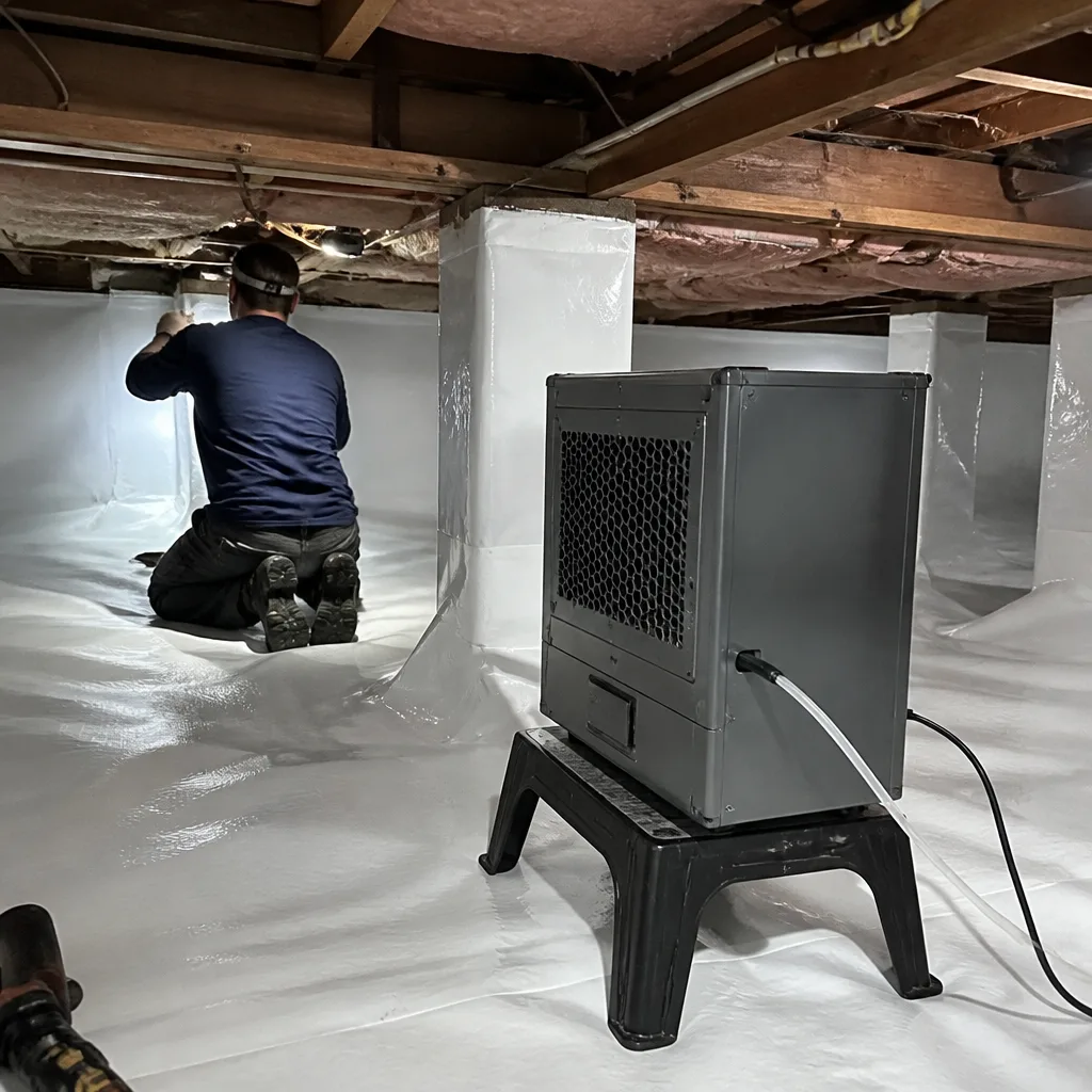 Technician performing crawl space encapsulation and vapor barrier installation with dehumidifier
