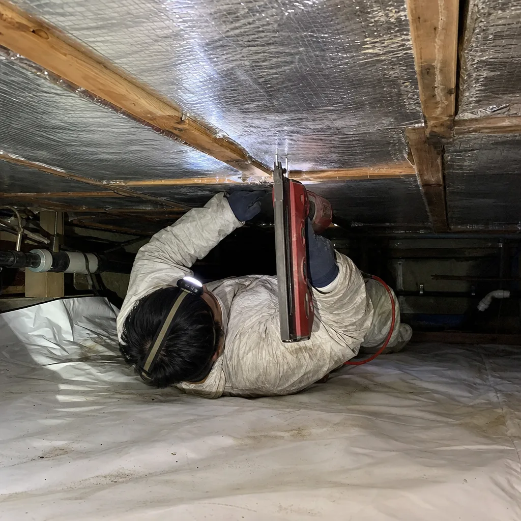 Technician performing professional crawl space encapsulation and vapor barrier installation