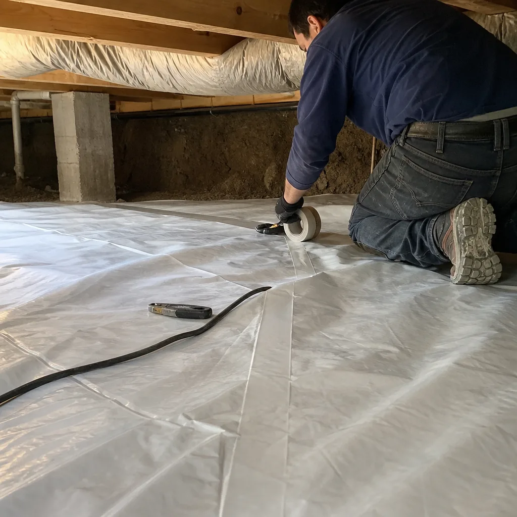 Contractor installing crawl space vapor barrier insulation with specialized sealing tape.