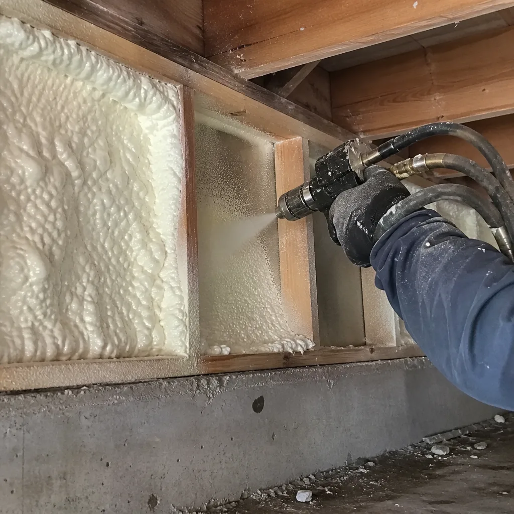 Professional applying spray foam insulation to wooden floor joists